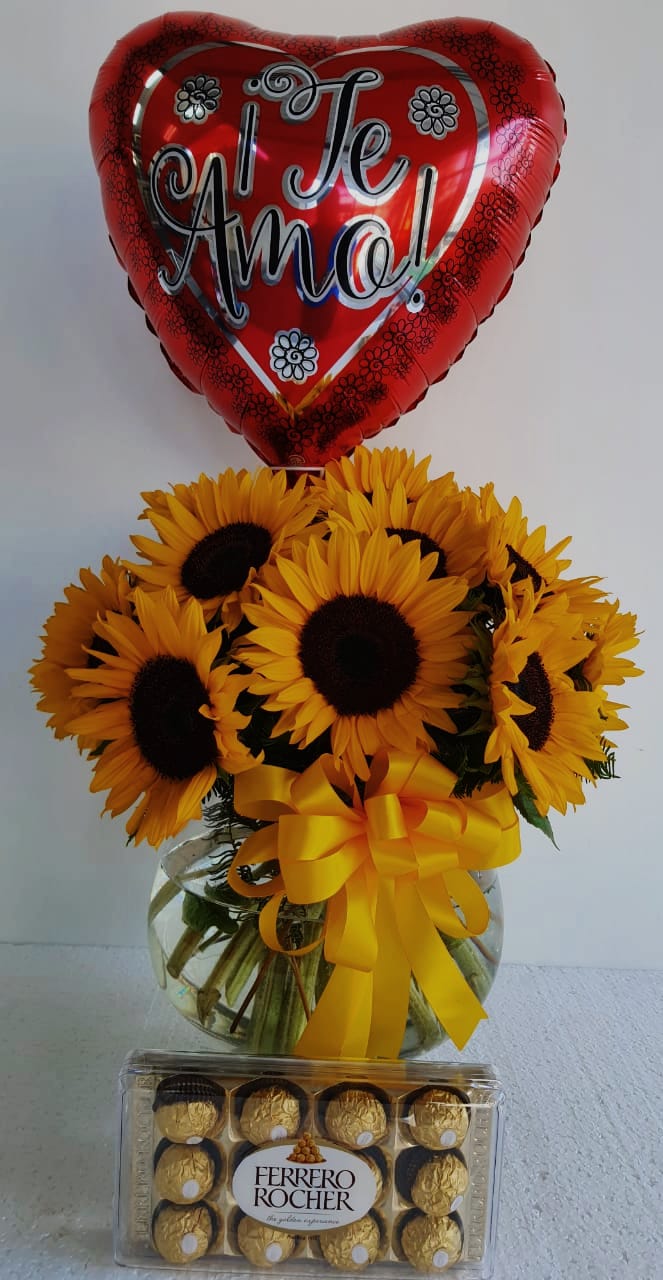 Copa 20 Girasoles, Bombones Ferrero Rocher 150 grs y Globito