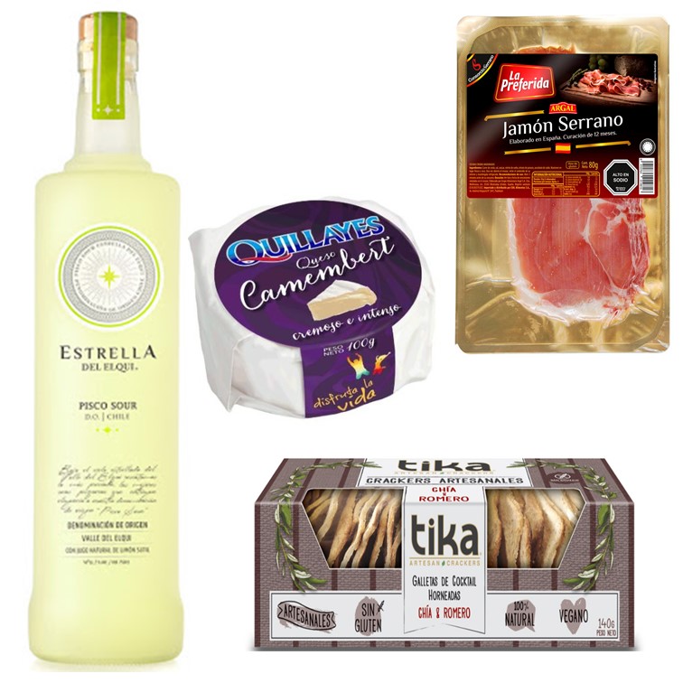  Pisco Sour Estrella Del Elqui 750 Cc, Queso Camembert, Jamn Serrano y Galletas Crackers