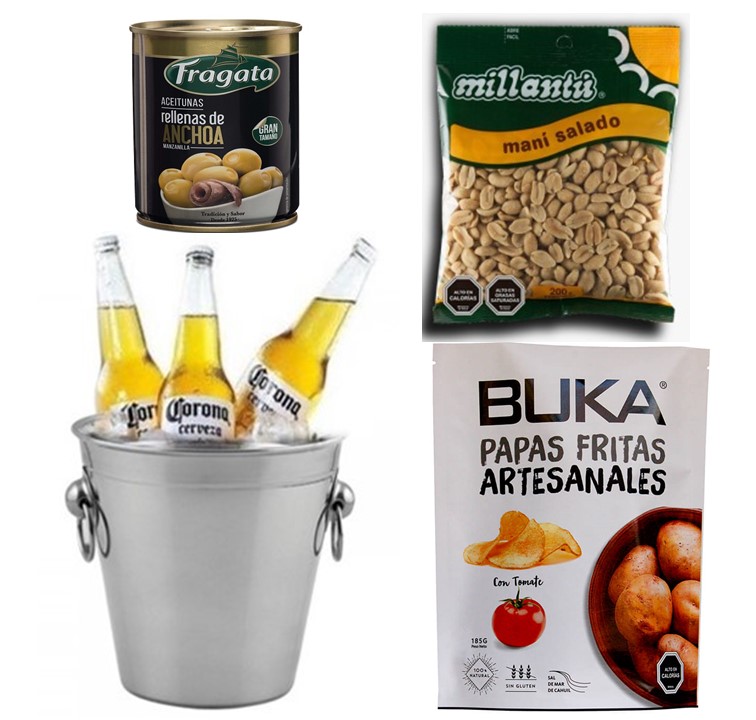 Hielera con 3 Cervezas, Papas, Man y Aceitunas