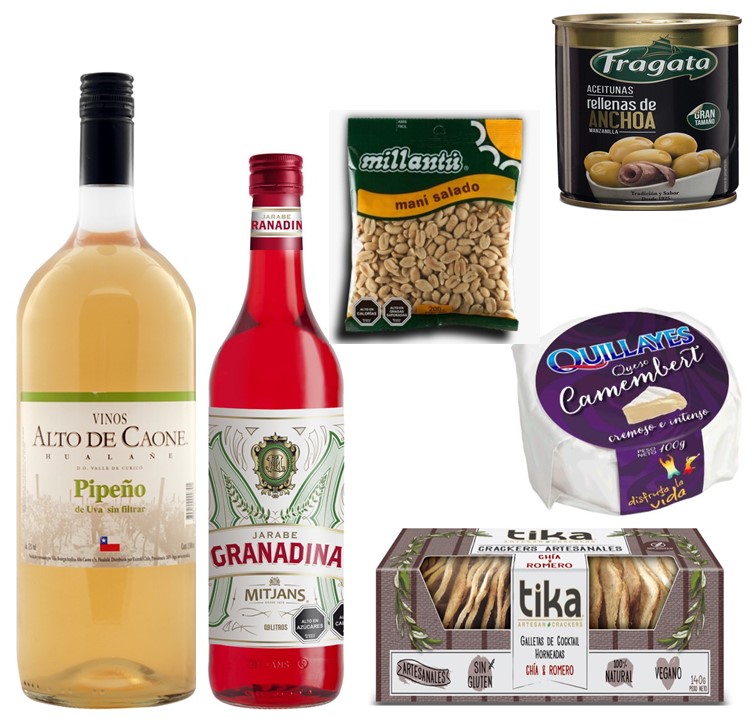 Vino Pipeo, Jarabe De Granadina,Queso camembert, Galletas Crackers, Man Y Aceitunas