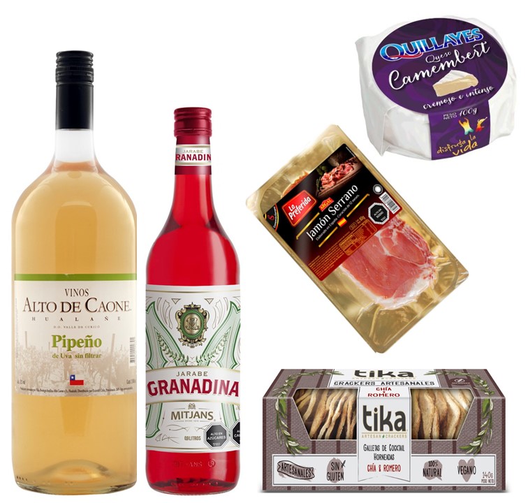 Vino Pipeo, Jarabe De Granadina, Queso Camembert, Jamn Serrano y Galletas Crackers