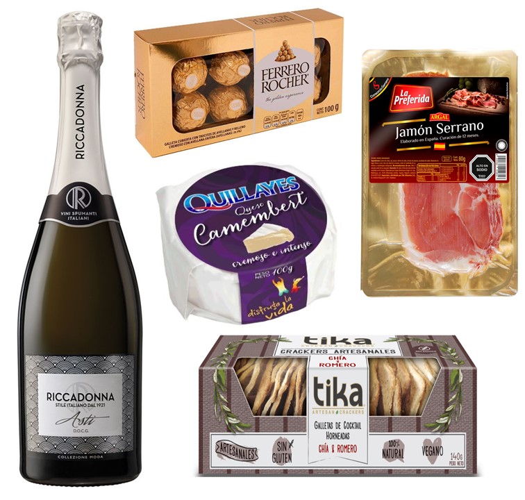 Champagne Riccadonna , Queso camembert, Jamn Serrano, Bombones, Galletas Crackers Artesanales