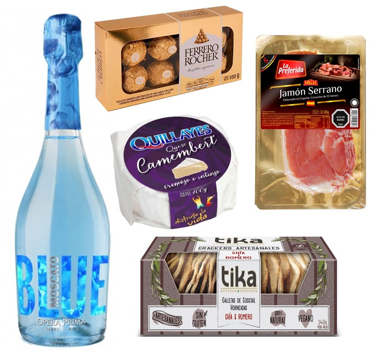 Espumante Opera Prima Blue, Tabla 4 Quesos, Bombones y Galletas Crackers