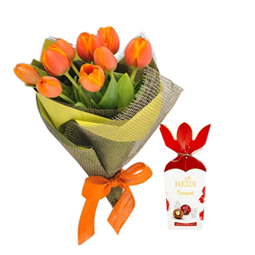 Ramo de 10 Tulipanes ms Bombones Heidi Bouquet de 120 Grs