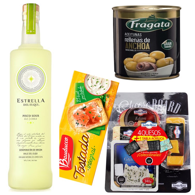 Pisco Sour Estrella Del Elqui 750 Cc, Tabla 4 Quesos, Aceitunas y Tostadas