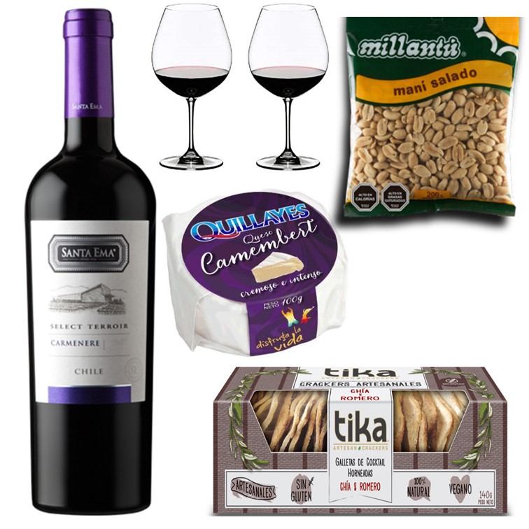 Vino, Queso Camembert, Galletas Crackers, Man y Copas