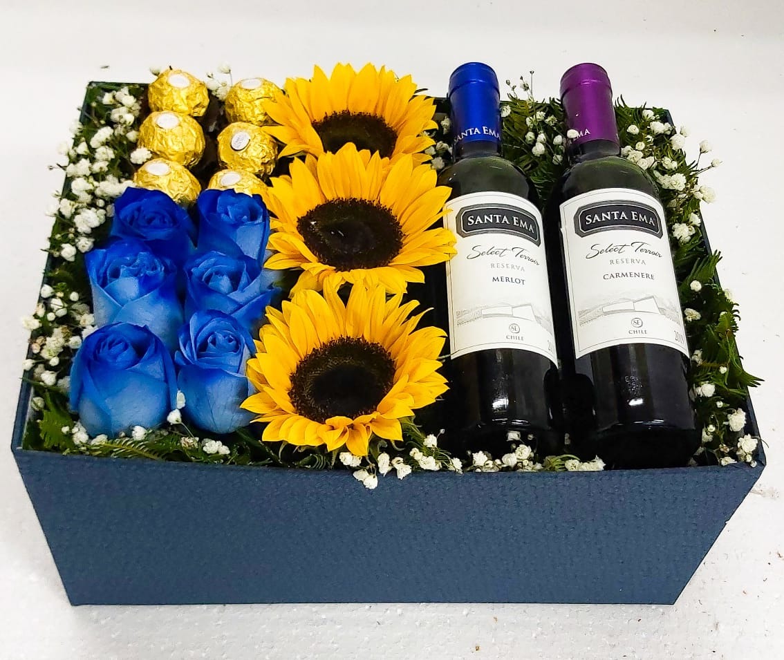 Caja con 6 Rosas, 3 Girasoles, Bombones Ferrero Rocher y Vino