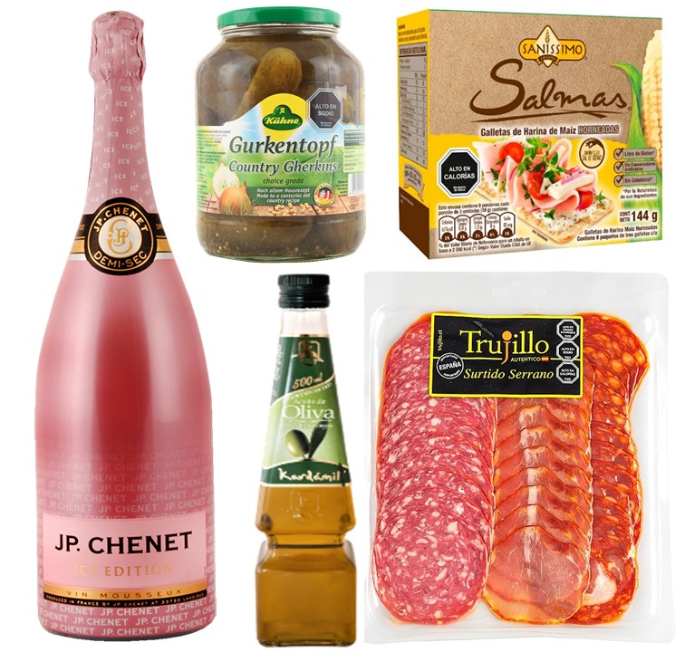 Vino Espumante, Surtido Serrano, Galletas Sin Gluten, Aceite y Pepinillos