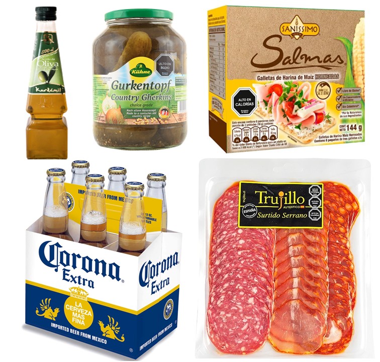 Cerveza Corona, Surtido Serrano, Galletas Sin Gluten, Aceite y Pepinillos