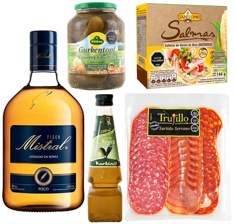 Pisco Mistral, Surtido Serrano, Galletas Sin Gluten, Aceite y Pepinillos