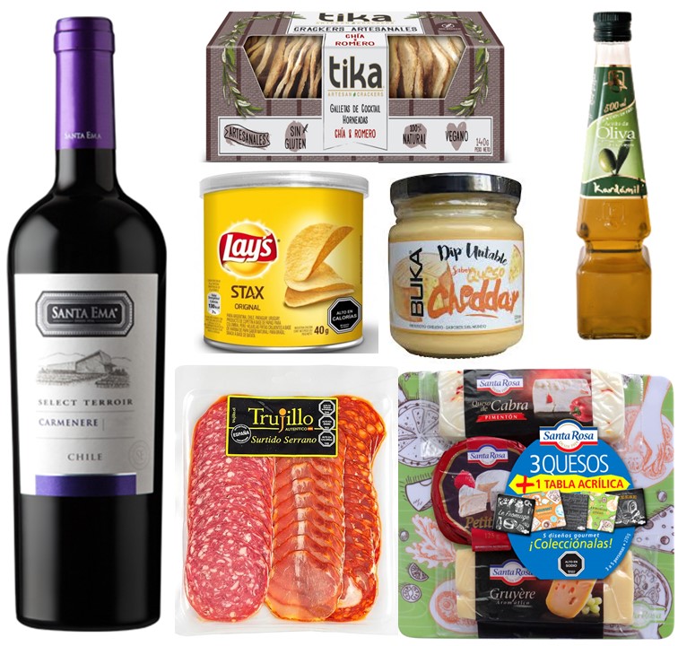 Vino, Tabla 3 Quesos, Surtido Serrano, Galletas Crackers, Papas, Salsa Untable y Aceite de Oliva