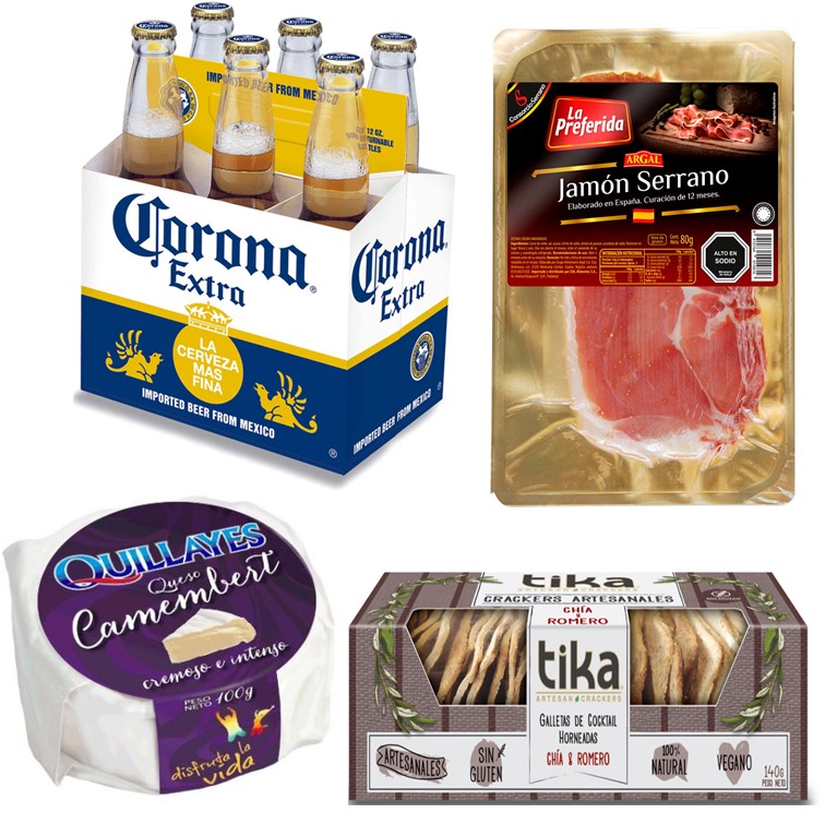 Cerveza Corona, Queso camembert , Jamn Serrano Y Galletas Artesanales Crackers