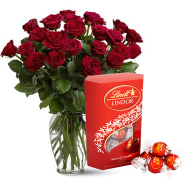 Florero de 12 Rosas ms Bombones Lindor de 200 Grs