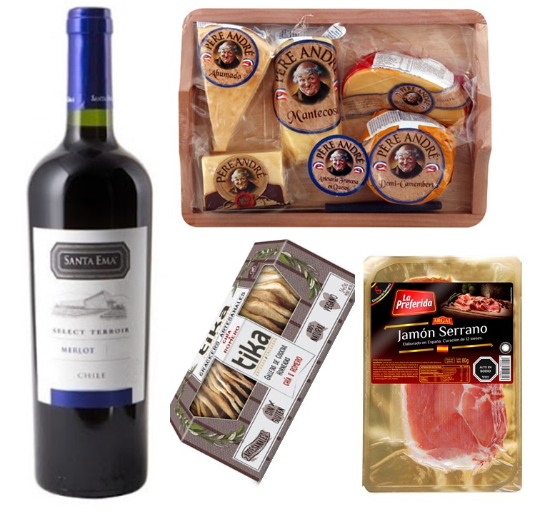 Vino 750 cc, Tabla 5 Quesos, Jamon Serrano, Galletas Crackers Artesanales