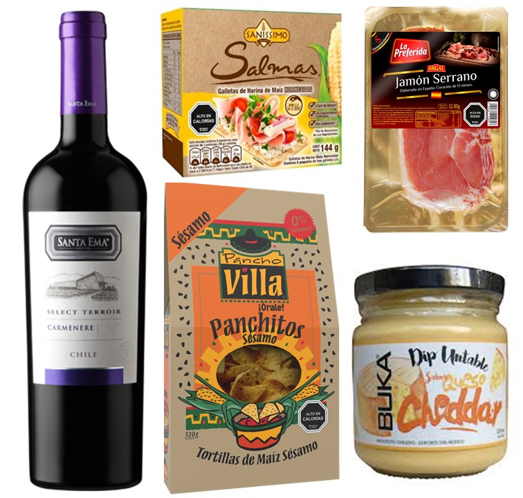 Vino, Jamn Serrano, Tortillas de Maiz, Salsa y Galletas Saludables