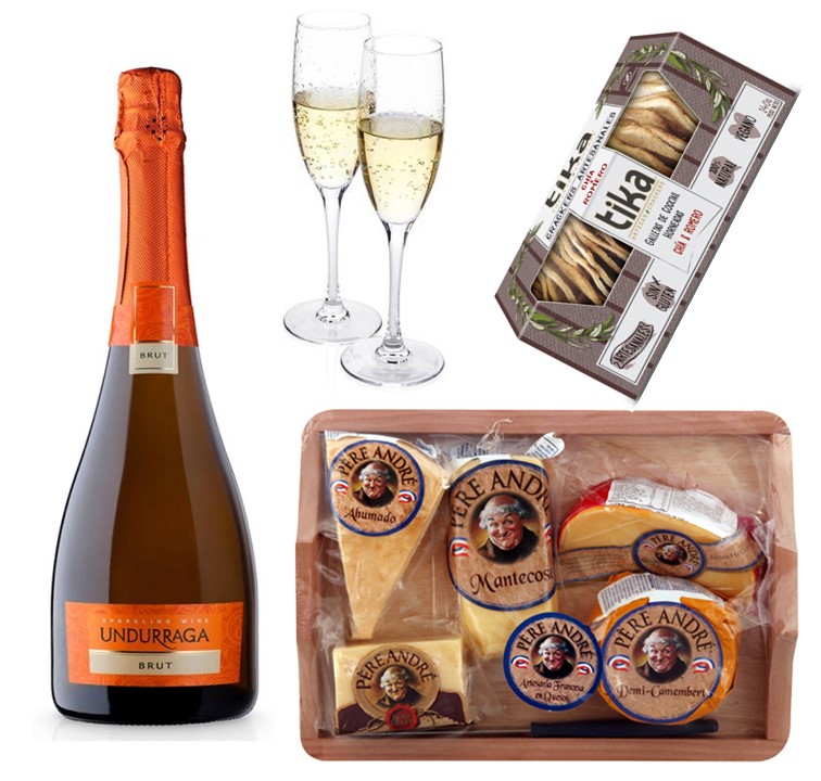 Champagne Espumante, Copas, Tabla 5 Quesos, Galletas Crackers