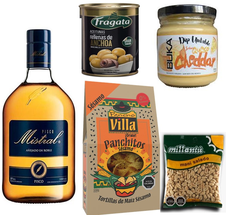 Pisco Mistral, Tortillas de Maiz, Salsa Untable, Man y Aceitunas