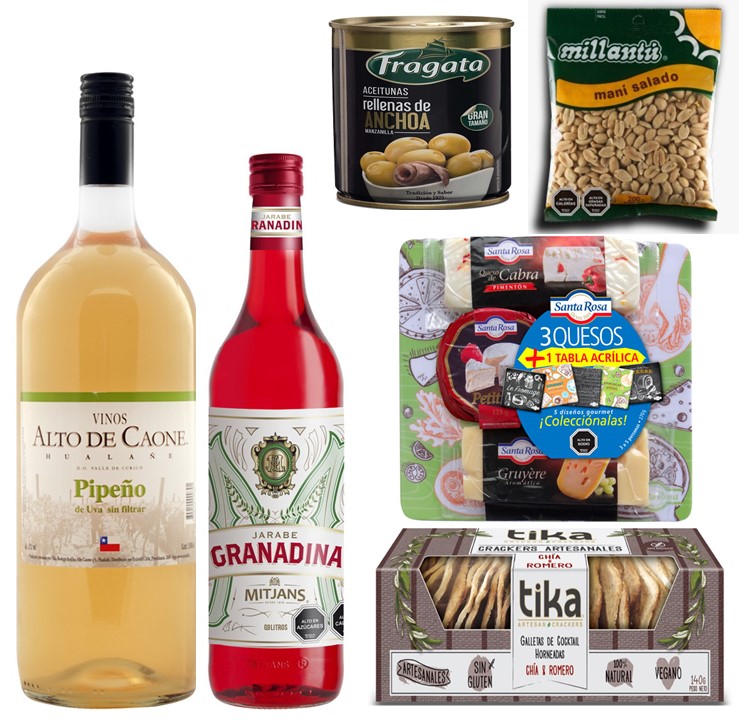 Vino Pipeo, Jarabe De Granadina, Tabla 3 Quesos, Galletas Crackers, Man Y Aceitunas