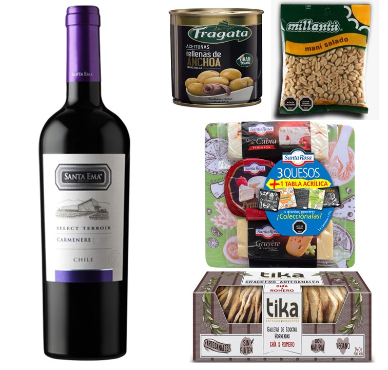 Vino, Tabla 3 Quesos, Galletas Crackers, Aceitunas y Man