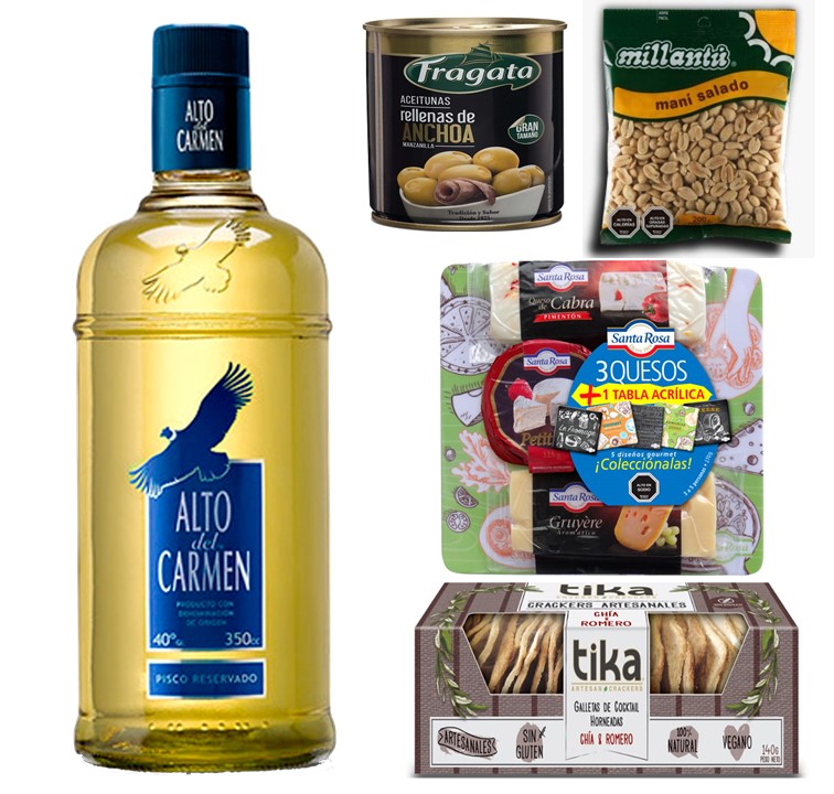 Pisco Alto Del Carmen, Tabla 3 Quesos, Galletas Crackers, Aceitunas y Man