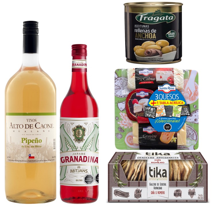 Vino Pipeo, Jarabe De Granadina, Tabla 3 Quesos, Galletas Crackers Y Aceitunas