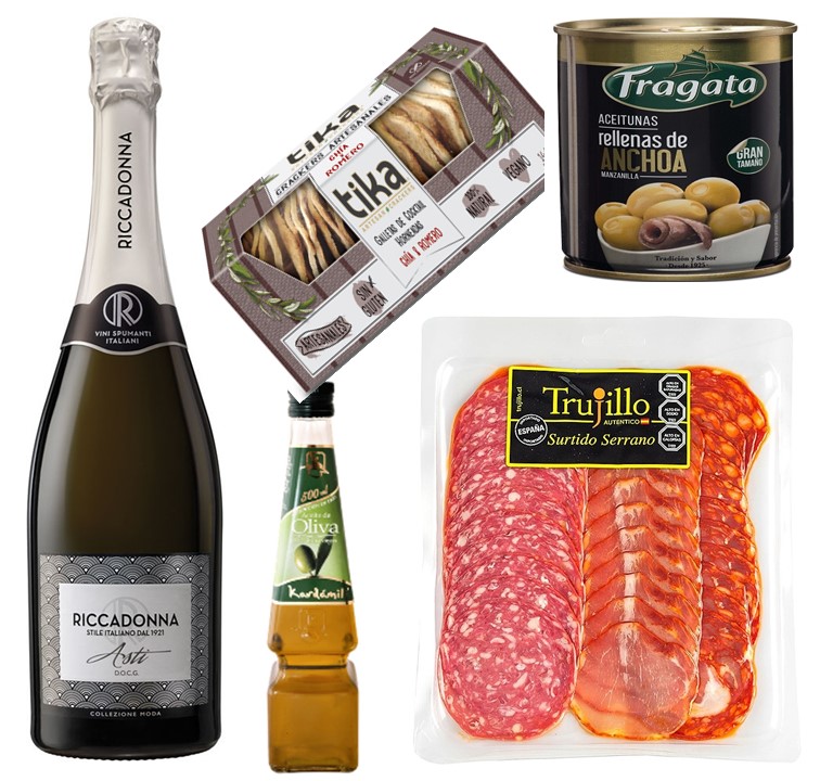 Espumante Riccadona, Surtido Serrano, Queso Camembert, Galletas Crackers y Aceite