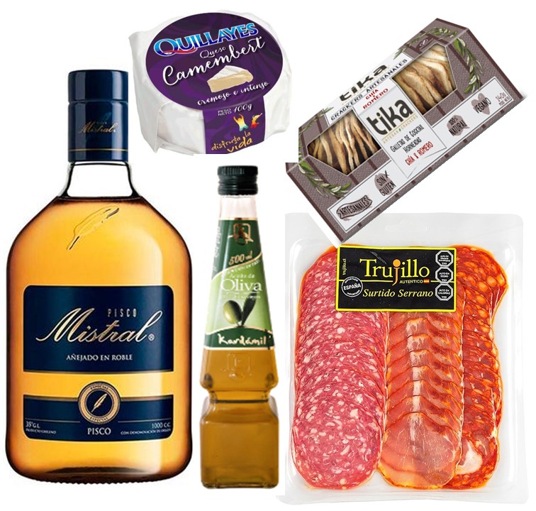 Pisco Mistral, Surtido Serrano, Queso Camembert, Galletas Crackers y Aceite