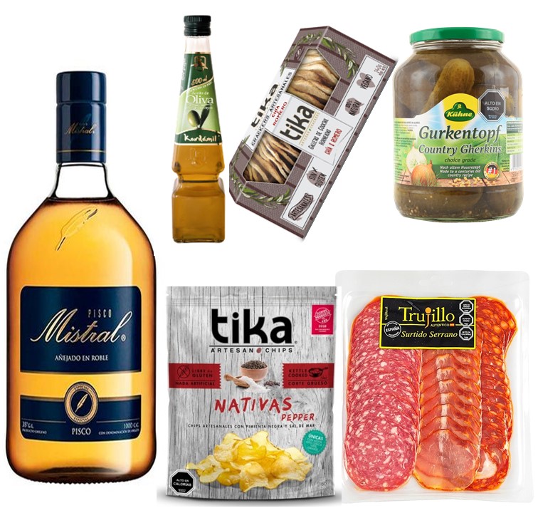 Pisco Mistral, Surtido Serrano, Galletas Crackers, Papas, Pepinillos y Aceite