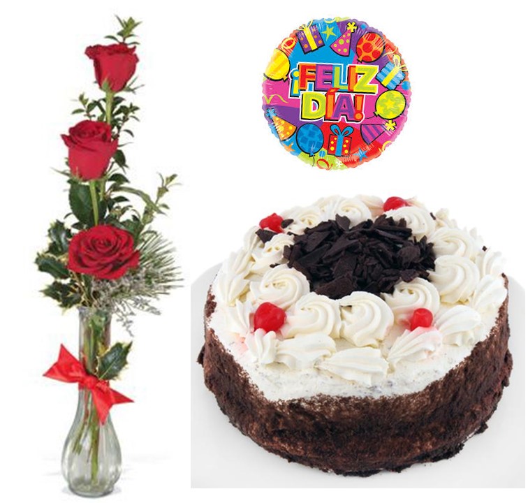 Florero de 3 Rosas, Torta del Da y Globito