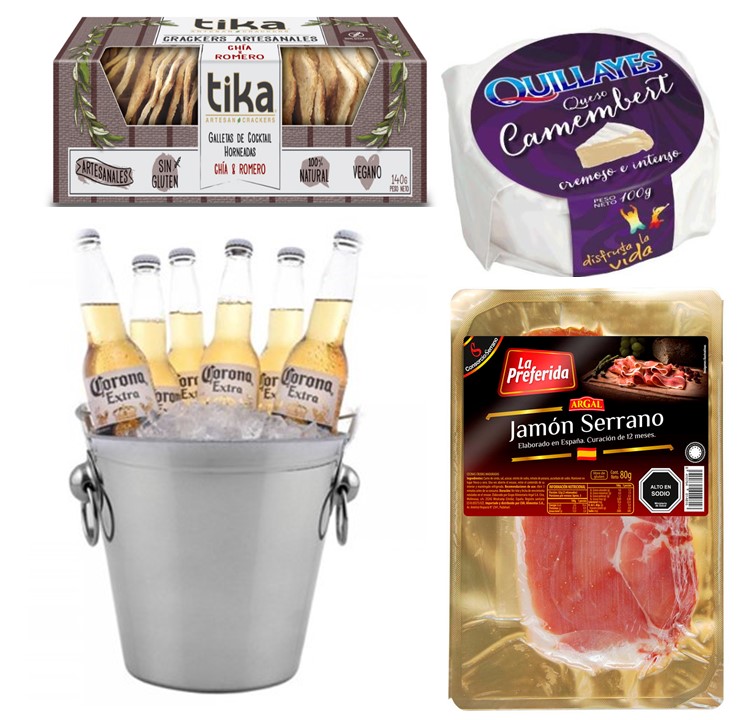 Hielera con 6 Cervezas, Queso Camembert, Jamn Serrano y Galletas Crackers