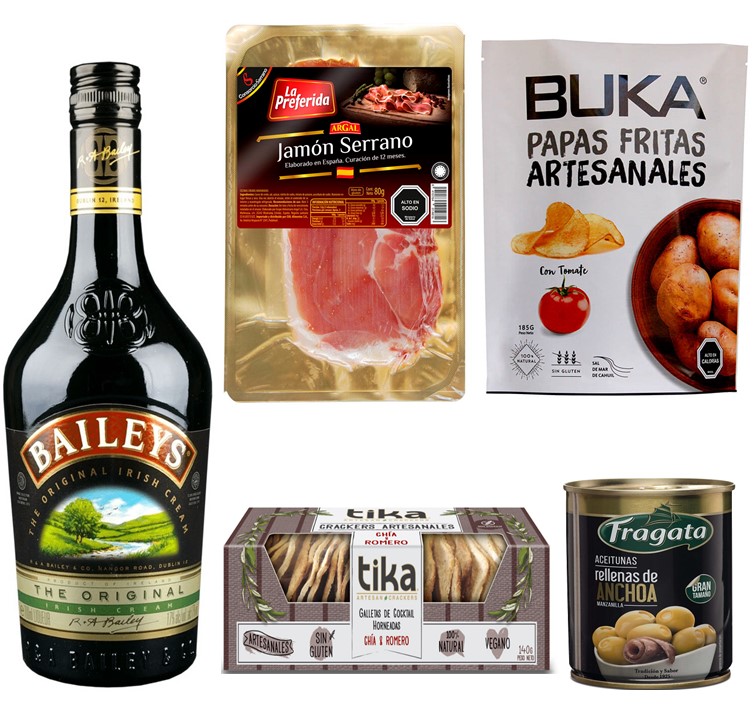 Baileys, Jamn Serrano, Papas Artesanales, Galletas Crackers y Aceitunas