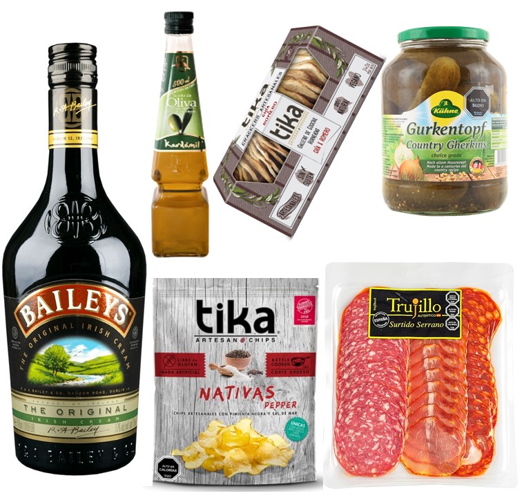 Baileys, Surtido Serrano, Galletas Crackers, Papas, Pepinillos y Aceite