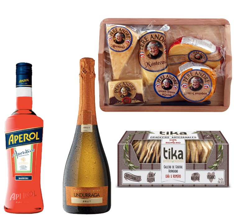 Champagne,Licor Aperol Galletas Crackers , Tabla 5 Quesos